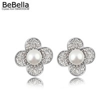 BeBella white pearl flower stud earrings with Crystals from Swarovski original brand fashion jewelry for girls women gift 2024 - buy cheap