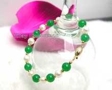 Fashionable 6-7mm natural White Natural FreshWater Pearl & 8mm Green Stone 7.5" bracelet-com1016 2024 - buy cheap