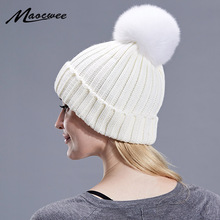 Women's Winter Hats Solid 2018 Autumn Winter Real Fox Raccoon Fur Pompom Skullies Beanies Cotton Wool Warm Knitted Cap 2024 - buy cheap