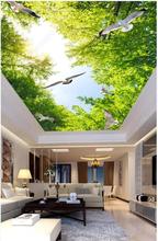 Papel tapiz con foto personalizada para sala de estar, Fondo de techo en 3d de cielo azul, nubes blancas, hojas verdes, mural de techo 2024 - compra barato