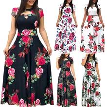Plus Size Women Short Sleeve Floral Print Waist Tight Large Swing Maxi Dress perfect gifts for your favorite women 2024 - buy cheap