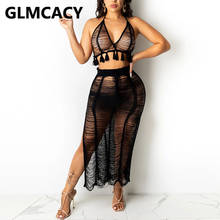 Two Piece Summer Beachwear Suits Halter See Through Crop Top & Slit Maxi Skirt Set 2024 - buy cheap