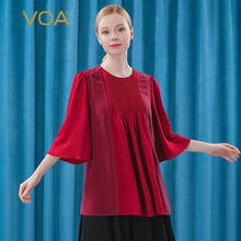 VOA 30m/m Heavy Weight Silk Dark Red Round Neck Sleeve Contrast Stitching Organ Pleats Loose and Comfortable Baby Shirt BE326 2024 - buy cheap