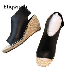 Sandalias con punta de plataforma abierta para mujer, zapatos de cuña de paja de cuero Real, modernos, estilo Gladiador, color blanco y negro, novedad de 2020 2024 - compra barato