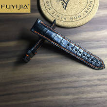Fuyijia pulseira de couro de crocodilo duplo, masculina de 18mm 20mm 22mm, pulseira substituta de marca superior genuína de jacaré, pulseiras de relógio 19 2024 - compre barato