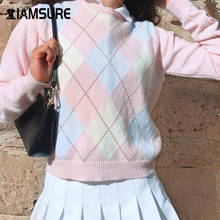 IAMSURE Argyle Plaid Knitted Long Sleeve Pink Cute Pullover Sweater For Women Preppy Style Female Casual Loose 90s Sweater 2024 - buy cheap