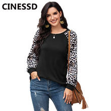 Cinessd camisa de manga comprida de leopardo, camiseta casual preta gola redonda feminina outono túnica camiseta azul de malha com retalhos 2024 - compre barato