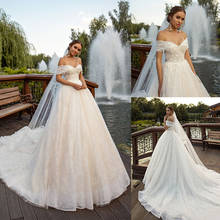 Off The Shouler 2020 Wedding Dresses Appliques Sequins Country Bridal Gowns Sweep Train Beach Wedding Dress Robes De Mariée 2024 - buy cheap