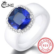 8 мм ширина керамические кольца с синим квадратным кристаллом свадебные кольца ювелирные изделия для женщин девушек никогда не выцветают кольца из стерлингового серебра S925 2024 - купить недорого