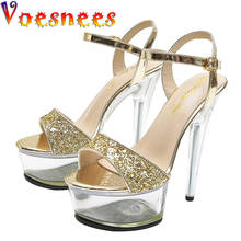 Voesnees 2021 las nuevas mujeres zapatos de tacones de lentejuelas de tela delgada tacones Bling plataforma Peep Toe sandalias Sexy pasarela Club zapatos 2024 - compra barato