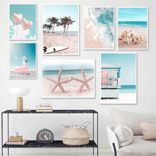 Тропический морской пляж Морская звезда доска для серфинга Фламинго настенная Картина на холсте скандинавский постер принты настенные картины для декора гостиной 2024 - купить недорого