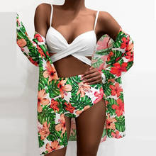 Summer High Waist Bikini Swimsuit Sexy Push Up Bra + Cardigan Tops Three Piece Set Biquini Women Cover Bikini Swimwear Beachwear 2024 - buy cheap