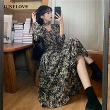 JuneLove-Vestido Midi de estilo francés para mujer, elegante Vestido de manga larga con estampado Empire, cuello en V, temperamento Vintage femenino, elegante 2024 - compra barato