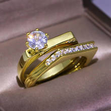 Dentixing anel clássico de seis garras, redondo, zircônio, anéis duplos para mulheres e homens, moderno, cor dourada, conjunto de joias para casamento e noivado 2024 - compre barato
