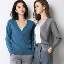 Casaco de malha feminino com decote em v, casaco de manga comprida, cor sólida, blusa curta feminina, outono 2020 2024 - compre barato