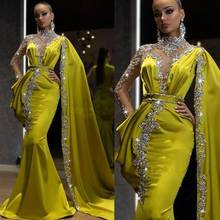 2021 Luxury Beaded Crystals Evening Dresses High Collar with Cape Ruffles Satin Ruffles Long Sleeves Prom Party Gowns vestido de 2024 - buy cheap