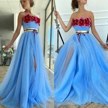 Cheap Blue Evening Gowns 2020 Handmade Flowers A Line Side Split Prom Dresses Belt Strapless Custom Made Robe De Soirée 2024 - buy cheap