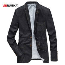 Vinrumika 2020 primavera moda masculina casual marca cowboy algodão preto blazer jaqueta outono homem denim azul blazers fino ternos casaco 2024 - compre barato