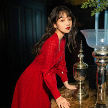New Spring Single-breasted Lace Dress Woman V-neck Full sleeve red solid hollow out elegant maxi Dresses Female autumn 2021 2024 - buy cheap