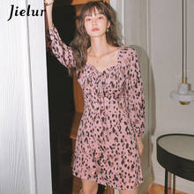 Jielur-vestido feminino rosa, estampa oncinha, com cordão, gola quadrada, manga comprida, sexy, primavera 2024 - compre barato