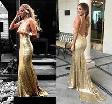 Sparkly Vestidos abiti da cerimonia 2020 Champagne Sequined Mermaid Evening Dresses with Applique V Neck Prom Gowns 2024 - buy cheap