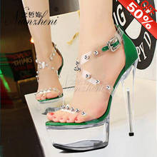 Sandalias de tacón de aguja con plataforma de cristal para mujer, zapatos de gladiador de noche con remaches, Sexy, de 15 cm, para verano 2024 - compra barato
