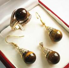 Free shipping  noble new jewelry 18KGP + 12mm tiger eye stone pendant, earring, , ring set jade set 2024 - buy cheap