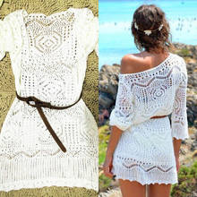 Summer Sexy Lace Crochet Beach Dress Women White See Through Swimwear Swimsuit Cover Up Mini Dresses 2024 - buy cheap