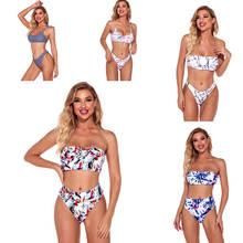 2021 Summer New Sexy Print Beachwear Women Strapless Bandeau Strappy String Swimsuit Two Piece Bikini Set High Waist Beachwear 2024 - buy cheap