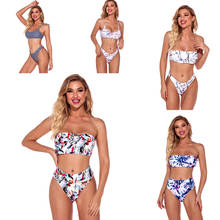 Conjunto de Bikini de dos piezas para mujer, ropa de playa con estampado Sexy, bañador Bandeau sin tirantes con tiras, ropa de playa de cintura alta 2021 2024 - compra barato