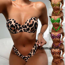 Conjunto de Bikini de leopardo sin tirantes para mujer, bañador Push-Up con sujetador de tubo acolchado de leopardo, traje de baño de Tanga, ropa de playa, 2 unids/set/conjunto 2020 2024 - compra barato