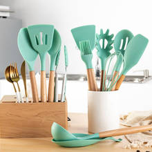 Kitchen Set Green 13-Piece Wooden Handle Silicone Kitchenware Set Non-Stick Pan High Temperature Resistant Silicone Spatula 2024 - buy cheap