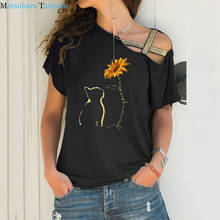Camiseta de girassol engraçada feminina, camisa solta com estampa de gato para mulheres, manga curta irregular, bandagem cruzada 2024 - compre barato