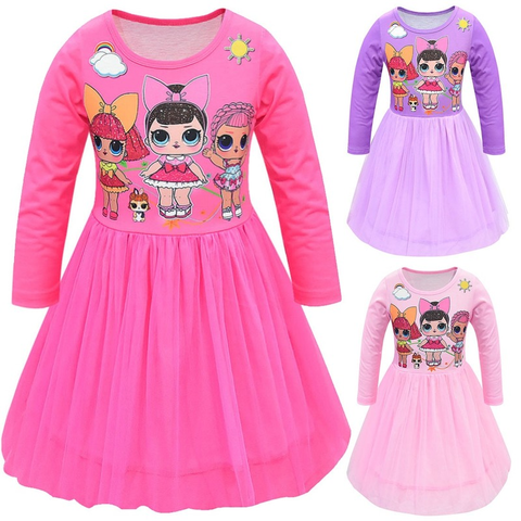 От 3 до 10 лет куклы из серии «Lol Surprise» с длинными рукавами для девочек Платье с круглым воротником для девочек кукольная юбка Детская Двухслойная юбка из сетчатой ткани платье 2022 - купить недорого