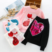 Осенний свитер для девочек; Хлопковые топы для девочек с рисунком кота и блестками; Футболки с длинными рукавами; Детская футболка; Модная детская одежда 2024 - купить недорого