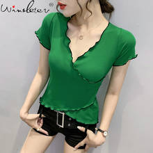 Summer Korean Style Cotton T-Shirt Fashion Sexy Bordered V-Neck Ruffles Women Tops Short Sleeve Bottoming Shirt Tees New T15224A 2024 - buy cheap