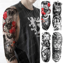 Большой рукав с татуировкой, Корона Льва, волк, король, водостойкая наклейка, роза, часы, воин, боди-арт, полностью искусственная татуировка 2024 - купить недорого