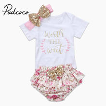 Conjunto de roupas para bebês pudcoco, roupas infantis para meninas recém-nascidas com estampa de letras, macacão + tutu floral + lantejoulas 2024 - compre barato