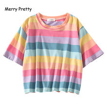 Merry Pretty Korean Fashion Rainbow Striped T Shirt Women Short Sleeve Summer T-shirt Round Neck Sweet Crop Tops Tee For Girls 2024 - buy cheap