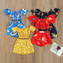 Citgeett Summer Kids Baby Girls Floral Print Clothes Set Short Sleeve Off Shoulder Tops Buttons + Elastic Waist Short Set 2024 - buy cheap