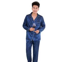 Terno de seda cetim masculino, pijama conjunto camisola da moda casal cor sólida de manga comprida pijama para homens 2024 - compre barato