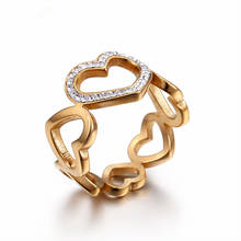 Joyería de acero inoxidable de Color dorado, anillo romántico, exquisito, con diamantes de imitación, corazón de amor continuo, anillos de compromiso de chica 2024 - compra barato