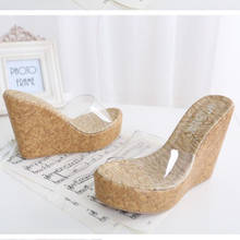 Net Celebrity wood wedges transparent band woman slippers muffins shoes women sandals open toe clear slip on platform slides2020 2024 - buy cheap