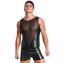 Sexy Men V Transparent Patchwork Mesh PU Faux Leather T-Shirt Punk Shiny Cool Men Night Tight Shirts Plus Size Gay Wear 2024 - buy cheap