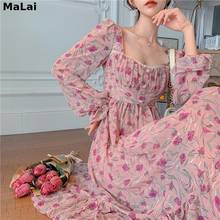 Lolita Dress Elegant Fairycore Vintage Floral Print Chiffon Long Buttons Slim Waist  Kawaii Robe Longue Boho Beach Dress Vestido 2024 - buy cheap