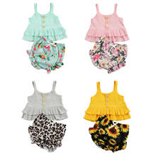 Conjunto de roupas infantil em 4 cores padrão verão, conjunto com 2 peças, colete liso sem mangas com abotoadura florida e leopardo 2024 - compre barato