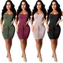 New Fashion Women Summer Solid Sleeveless Spaghetti Strap Mini Dress Strapless Ruched Lace Up Bodycon Backless Casual Pleated 2024 - buy cheap