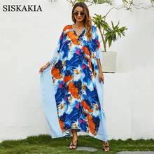 Siskakia-vestido midi floral feminino, étnico, para mulheres, 2021 de algodão, grande, gola em v, manga morcego, roupas casuais de praia e férias, azul 2024 - compre barato