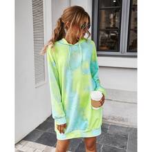 Feminino outono manga longa cordão midi hoodie vestido neon tie-dye impresso casual solto pulôver túnica moletom com bolsos 2024 - compre barato