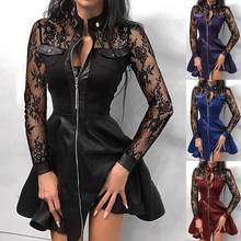 Women Sexy Lace Sheer Long Sleeve Buttons Zipper Faux Leather Mini Dress Bodycon Plus Size Bra Dress Club Party Short Dress 2024 - buy cheap